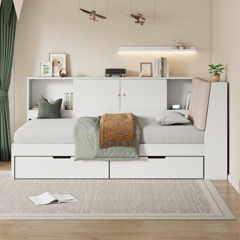 Wooden L-shaped Daybed Corner Bed with 2 Drawers, Storage Bookcase, Upholstered Headboard and USB Charging Ports, Twin, White