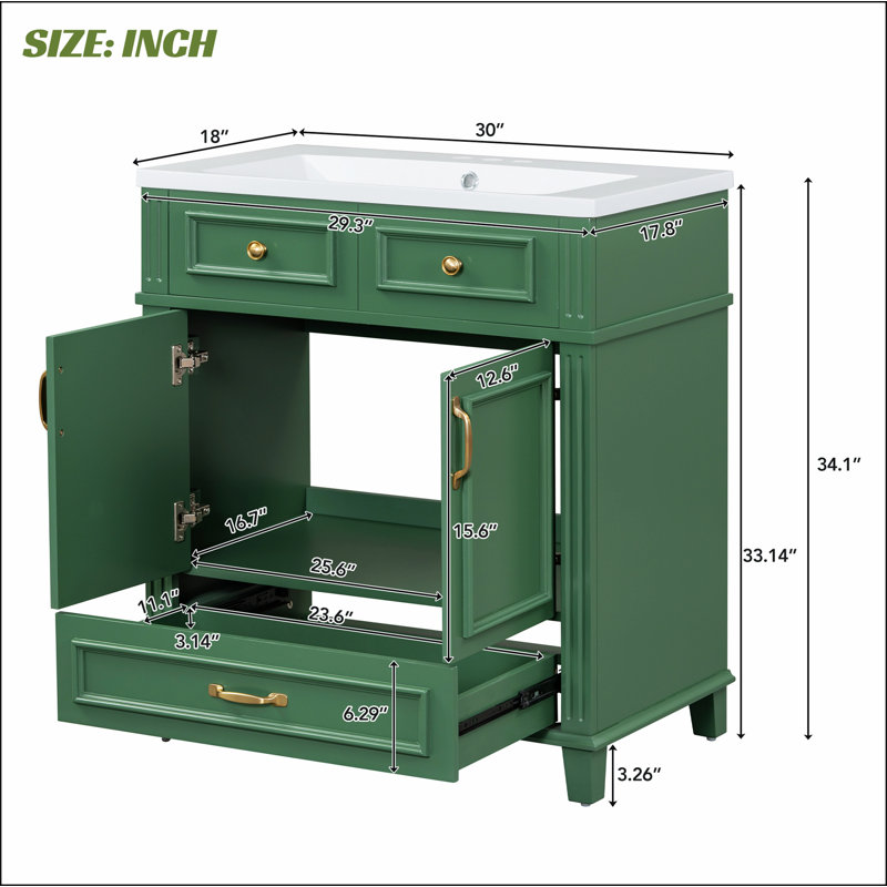 Meuble-lavabo 30 po sans comptoir, armoire de rangement en bois massif, Vert, Doré