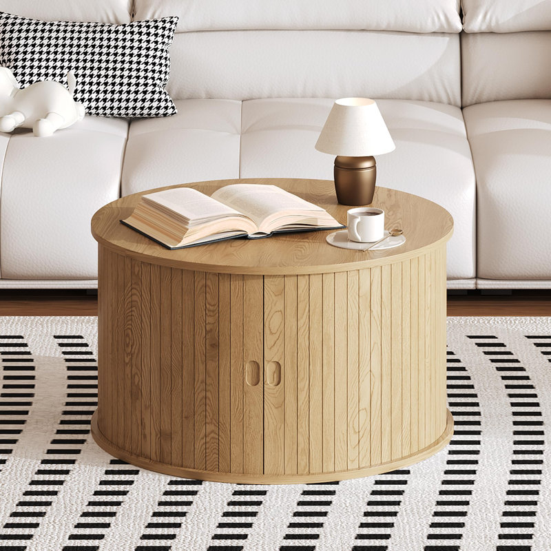 Table basse ronde de 28 po de style Mid-Century moderne avec rangement - Conception cannelée - Porte de table ronde coulissante - Assemblage rapide - Idéal pour le salon - Chêne sauvage