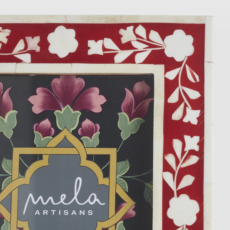 Cadre photo artisanal en marqueterie d'os à motif floral rouge et blanc, 5 po x 7 po, 5" x 7"