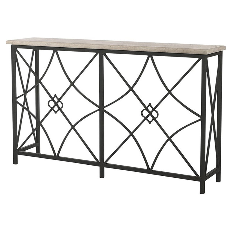 Boxwoods Console Table, 34" H x 58" W x 13" D, Flat Black, Lite Travertine