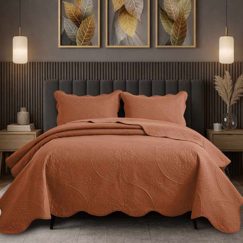 Floral Embossed Quilt Set, Rust, California King Bedspread + 2 Standard Shams