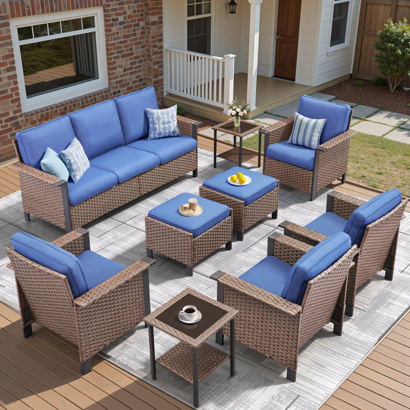 Coady 9 - Pieces Outdoor Courtyard Wicker Family Conversation Set Group With 4 Armchairs, Blue, Brown