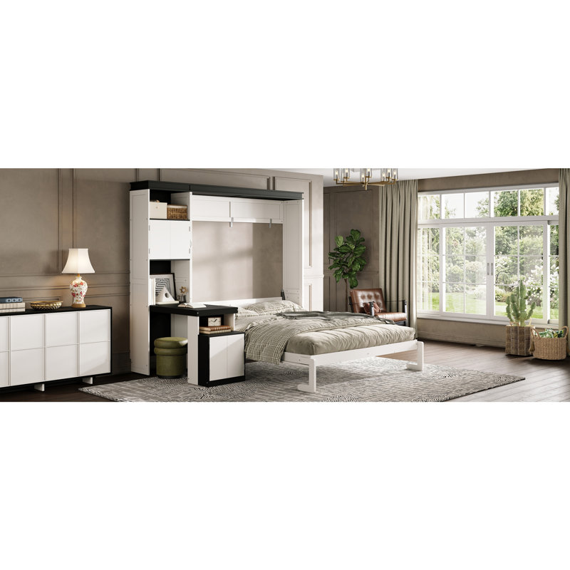 Lit escamotable blanc double avec bureau intégré, étagères et armoires de rangement, meuble de chambre multifonctionnel gain de place