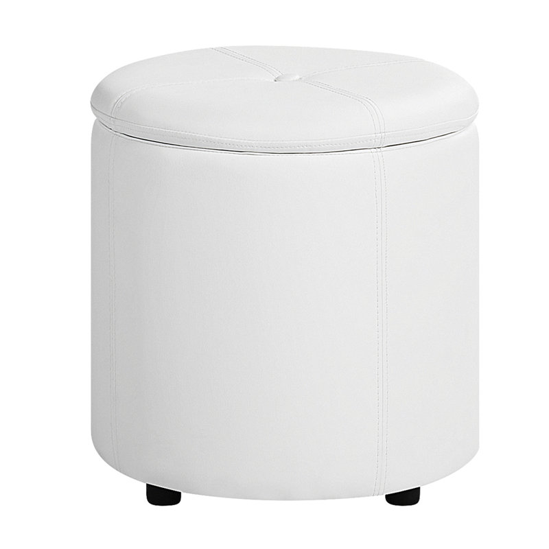 Ahsen 38cm Wide Faux Leather Tufted Round Pouf Ottoman with Storage, White