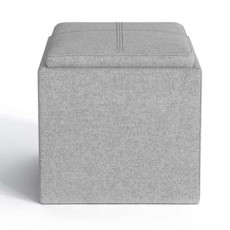 Repose-pieds carré contemporain avec rangement en cuir végétalien et plateau basculant Rockwood, Lin gris nuage