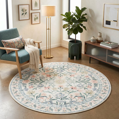 Whispering Petals Pastel Medallion Round Cotton Area Rug