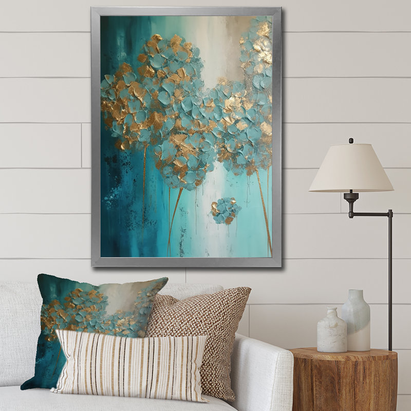 «Hydrangea Flower Blossoming Gold Retro Teal Gold I», reproduction sur toile, H 32 po x l 24 po x P 1 po