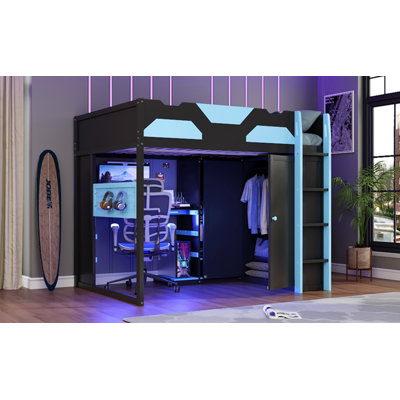 Lit mezzanine double en bois avec bureau, tablettes multiples, USB et lumière RVB, bleu nuage