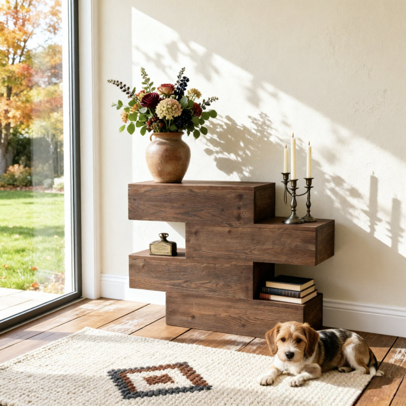 43.3" Asymmetrical Solid Wood Console Table, 31.5" Tall Open Tiered Entryway Table, Rustic Floating Sofa Table Industrial Accent Display Table for Living Room