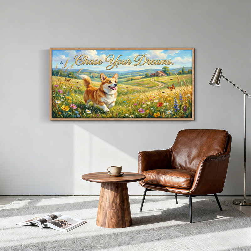 Tableau encadré sur toile « Corgi Field », 127 x 71 cm (58 x 28 pouces)., 58 po x 28 po