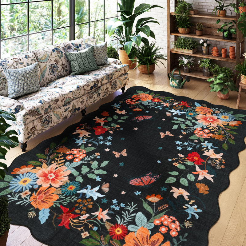 Tapis ultra-fin à motif floral Kaldi Boho, Rectangulaire 8 pi x 10 pi
