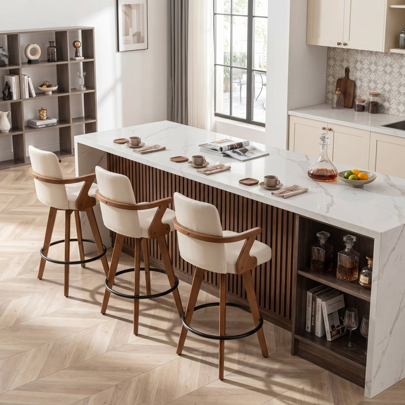 Eastwood 3 Pieces Swivel Faux Leather Counter&Bar Stools With Bamboo Frame, Counter Stool (26" Seat Height), Beige