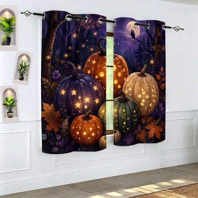 2 pièces rideaux occultants de citrouille d'Halloween, scène de nuit de forêt enchantée avec citrouilles brillantes et pleine lune, rideaux de fenêtre décoratifs pour le salon, la chambre à coucher, la décoration intérieure