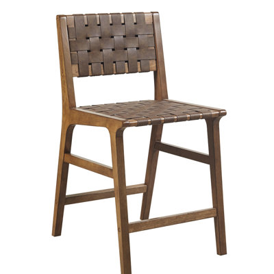 Tabouret de comptoir en similicuir tissé H 24 po - structure en bois massif avec abat-jour en pacane, esthétique Mid-Century, motif de chaise de salle à manger coordonnée, pieds, finition, attrait moderne, support de poids de 300 lb