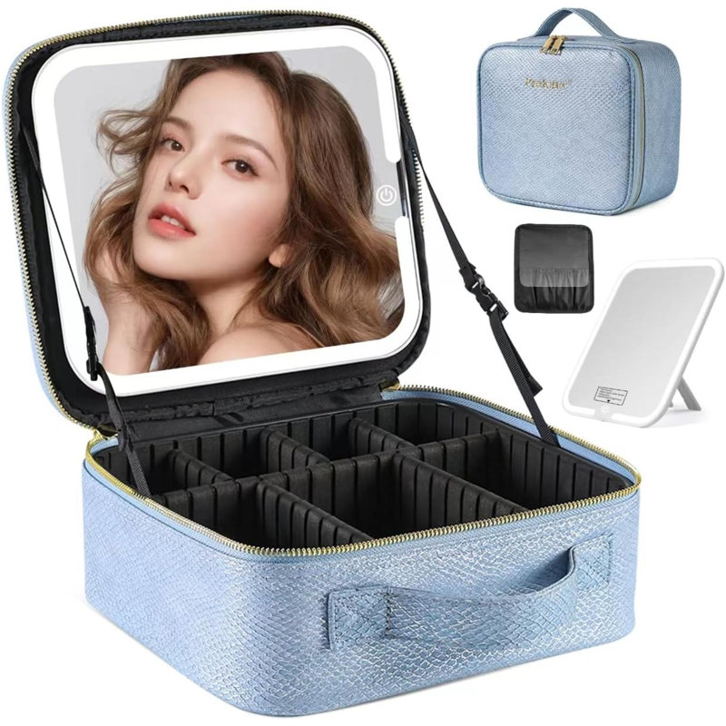 Trousse de maquillage de voyage portable avec miroir et lumière - 3 couleurs, organisateur de cosmétiques spacieux et lumineux réglable, bleu sirène brillant