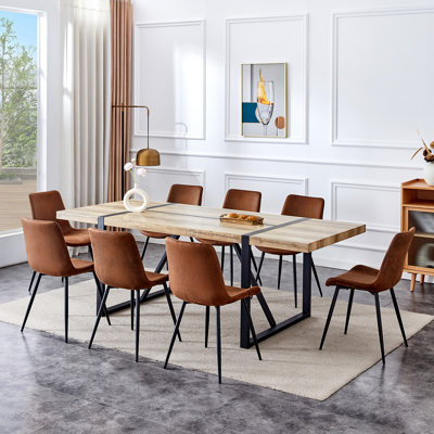 Ensemble de table de salle à manger 86,6 po pour 8 personnes, ensemble de table de cuisine moderne en bois 9 pièces et chaises, grande table de salle à manger rectangulaire avec 8 chaises rembourrées en suède, parfaite pour les réunions de famille et la salle à manger
