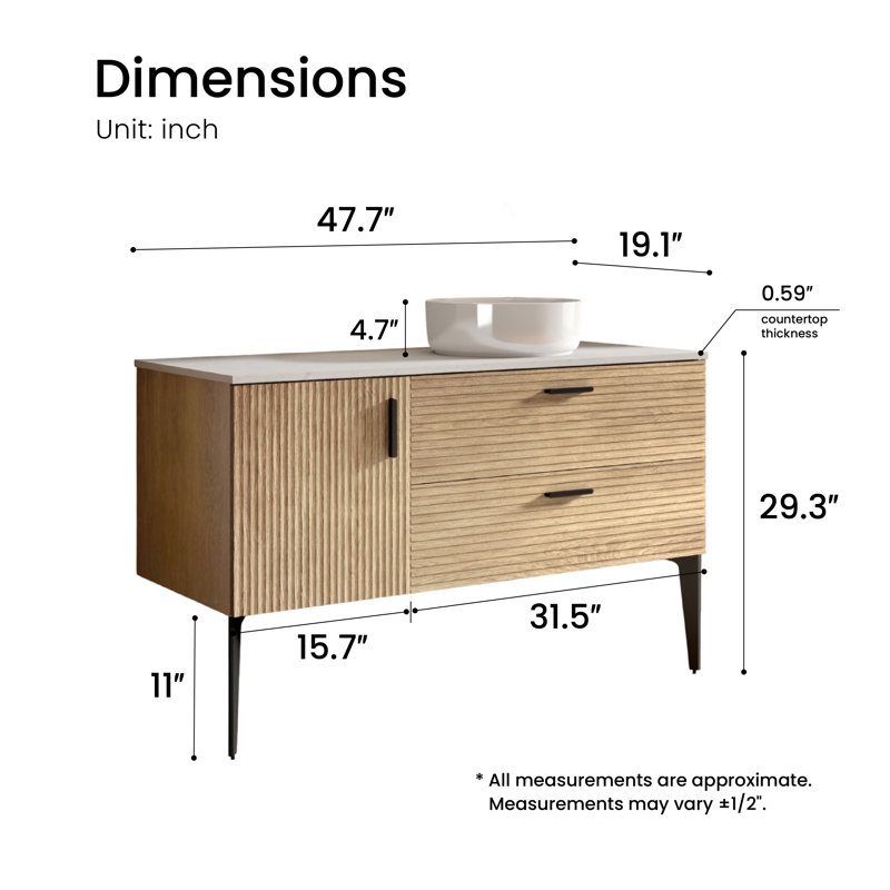 48" Modern Bathroom Vanity with 2 Quiet-Close Drawers, 1 Storage Cabinet & Ceramic Vessel Sink
