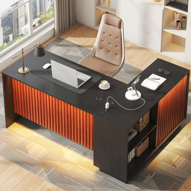 Bureau de direction en L, bureau de bureau personnel avec rangement, tiroirs, classeur et panneau d'intimité, grand bureau d'angle moderne avec station de charge et lumières à DEL, bureau de direction debout (noir)
