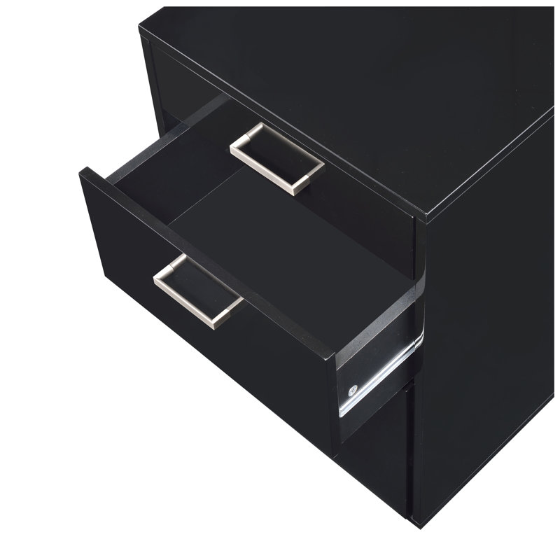Coleen Black High Gloss & Chrome Finish 3-Drawer File Cabinet with Caster Wheels - Modern Office Storage Cabinet