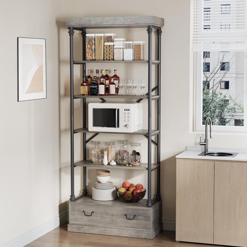 Gray Industrial Corner Bookshelf with Drawers and Metal Frame