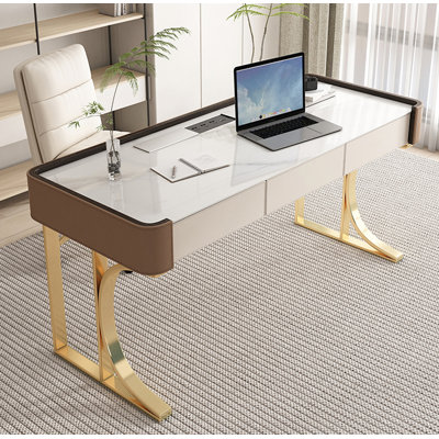 Luxury White Sintered Stone Desk with Gold Frame and Three Drawers