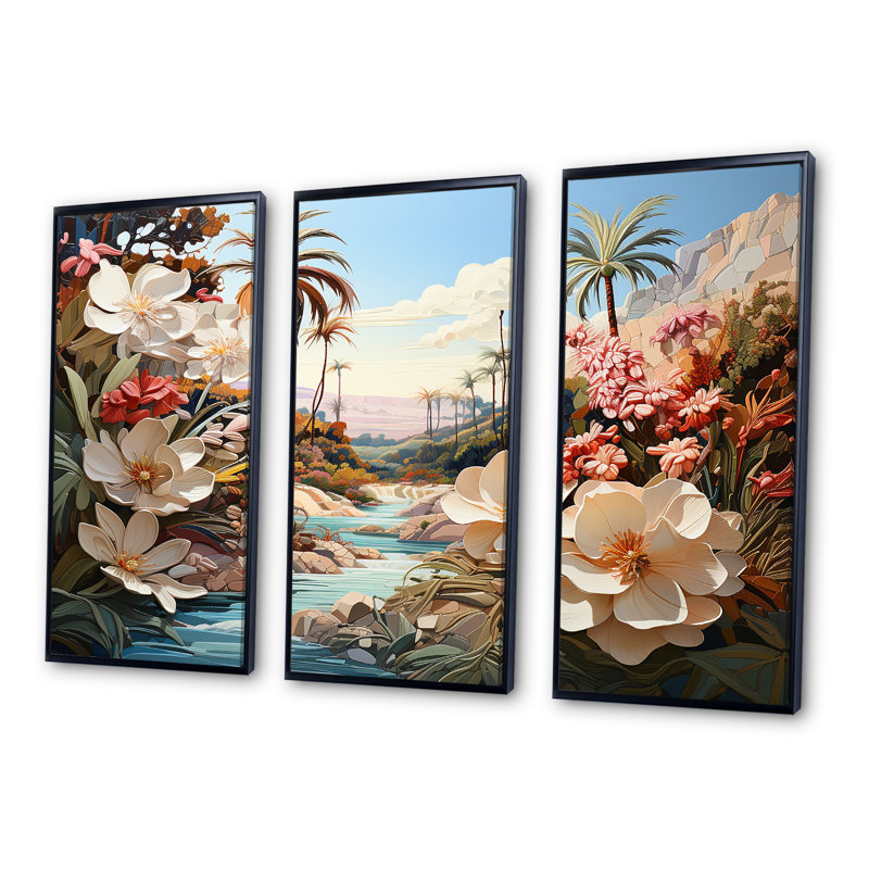 Ensemble de décoration murale Palm Trees Coastal Charm I - Fleurs, Cadre flottant noir, 32" H x 48" W x 1" D