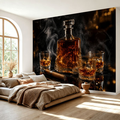 Wall Mural Peel and Stick Wallpaper Luxury Whiskey Decanter Set Glasses Cigar Smoky Self-Adhesive Removable Contact Paper Wall Decor for Living Room Bedroom 69"H x 96"W