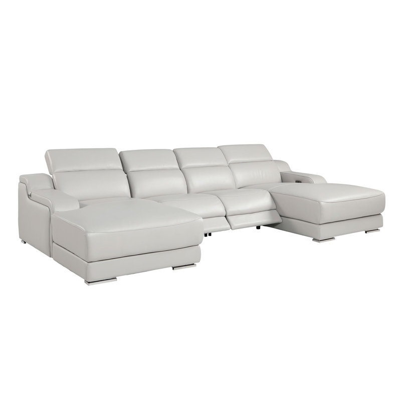 Canapé modulaire en cuir italien 4 pièces Clairemont gris clair avec 2 fauteuils inclinables électriques et appuis-tête réglables Clairemont