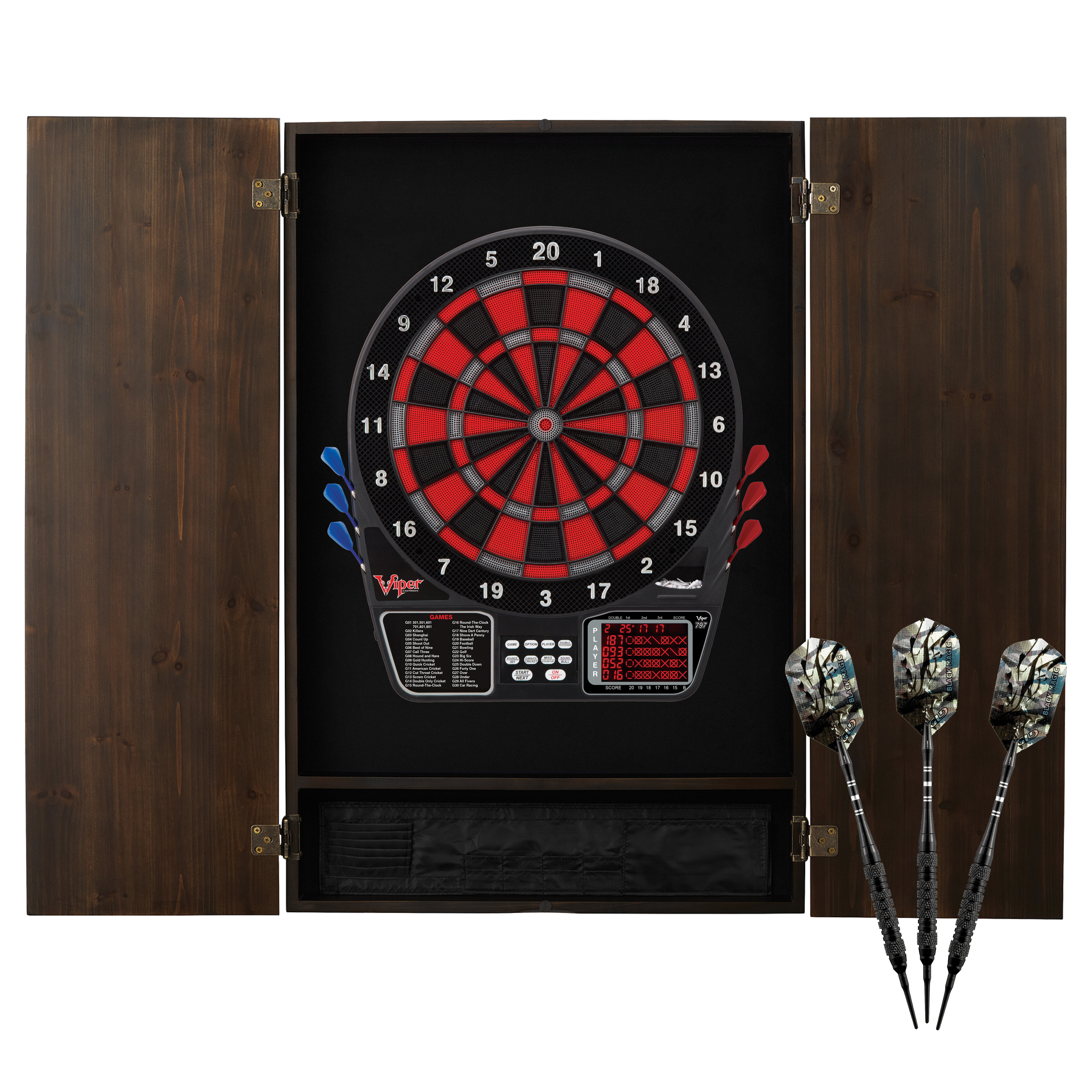 Viper Metropolitan Electronic Soft Tip Dartboard And Cabinet Bundle: Deluxe  Set (797 Dartboard And Darts), Cinnamon Finish