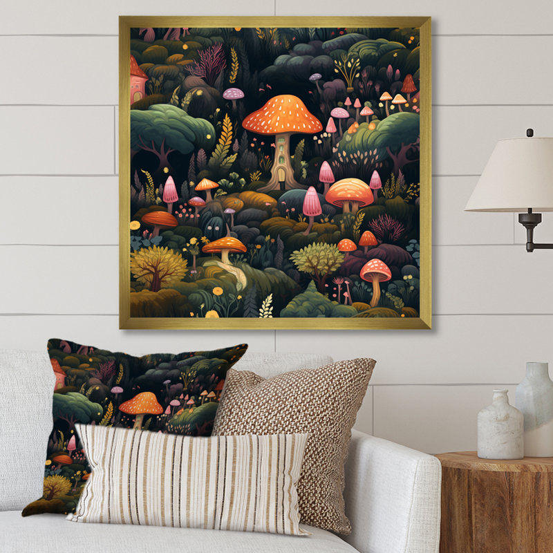 Magical Mushroom Enchanted Forest - Art mural champignon, H 30 po x l 30 po x P 1 po, Cadre doré à une seule photo