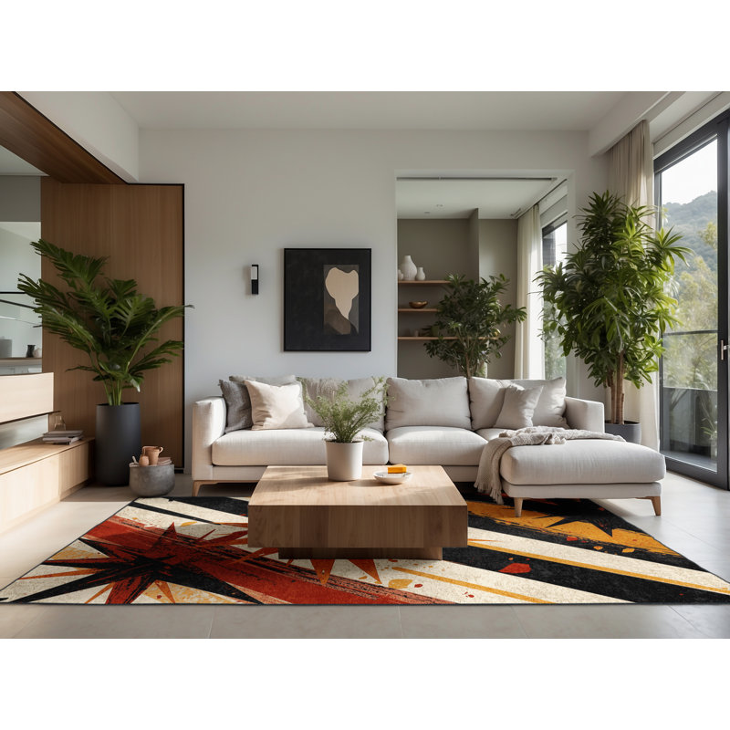 Soft Plush Eberhard Bold & Eclectic Modern Starburst Area Rug in Brown – Black Binding, 8x10