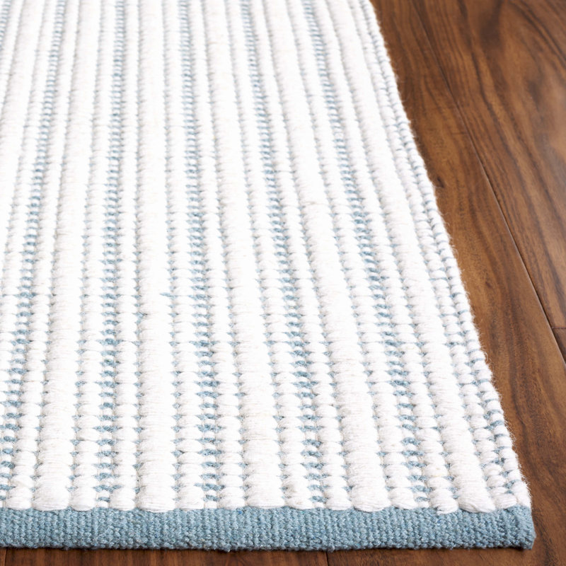 909 Hand Woven Cotton/Wool Striped Rug in Turquoise/Ivory, Rectangle 5' x 8'