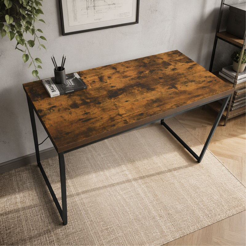 Rectangular Top Writing Desk with Metal Legs, Weathe Oak and