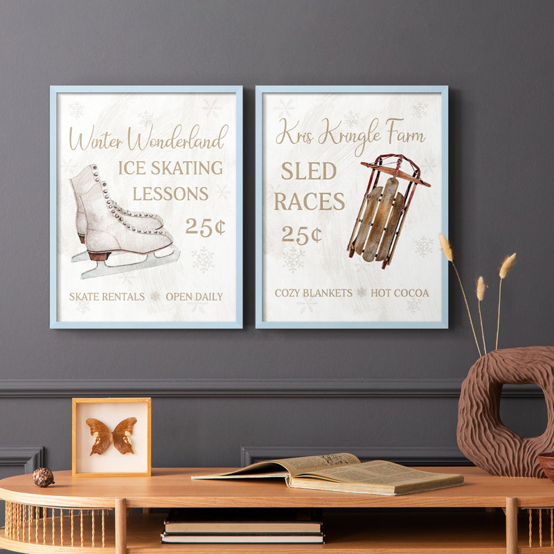 Leçons de patin - reproduction encadrée de qualité supérieure - prêt à être accroché - aucun clou requis - aucun clou requis