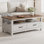 Table basse rustique 47,2 po avec 2 tiroirs et tablette ouverte, finition brun blanc, 6 pieds de support pour le rangement du salon