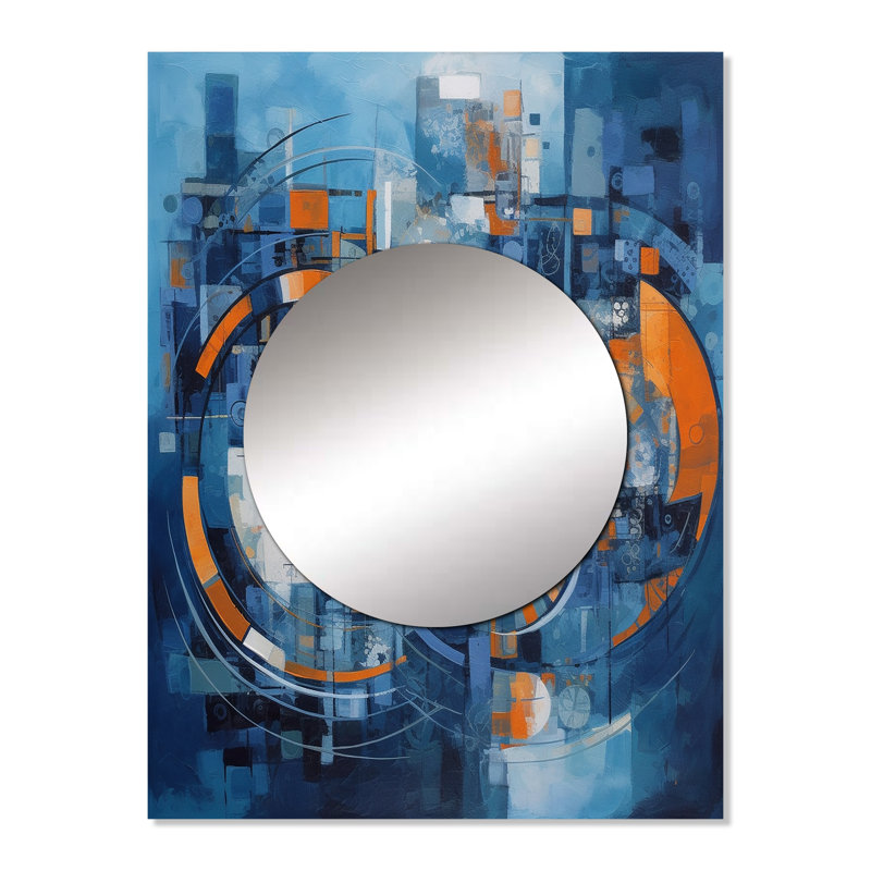 Liebhard orange et bleu géométrique équilibre II - miroir décoratif géométrique, miroir mural bleu, impression d'art en métal