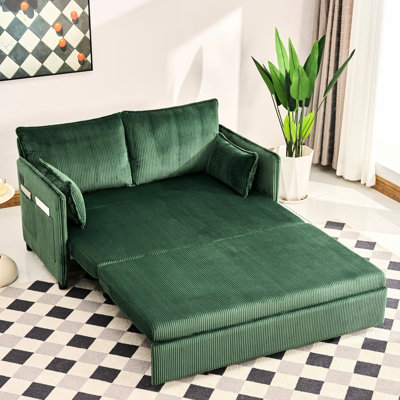 Lit gigogne convertible de 55 po, 31 canapé en velours côtelé moderne avec poche latérale et ports, lit simple pour petit appartement, chambre à coucher, structure en fer, bois de pin, rembourrage en mousse, poche pour ports de rembourrage, taille, salon,