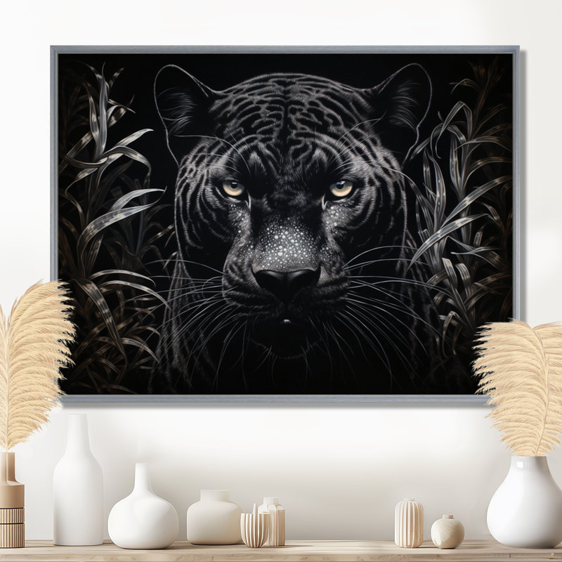 Black White Panther Nocturnal Majesty Scratchboard On Canvas Print, 30" H x 40" W x 1.5" D, Silver Floater Framed