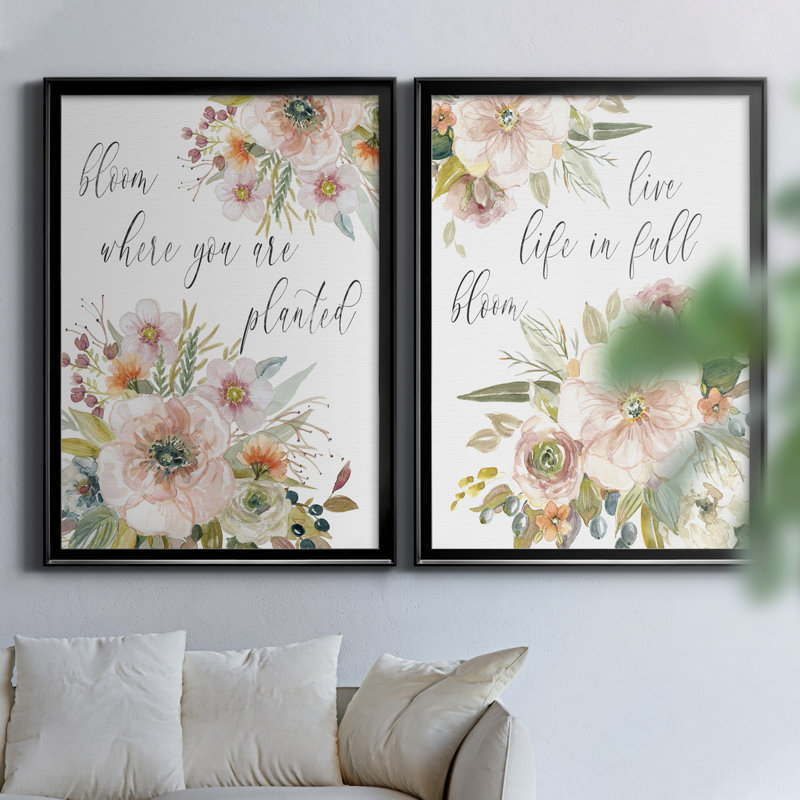 «Peach Bloom I», ensemble de 2 impressions, H 30,5 po x l 42,5 po x P 3 po, Toile avec cadre noir, Pas de tapis