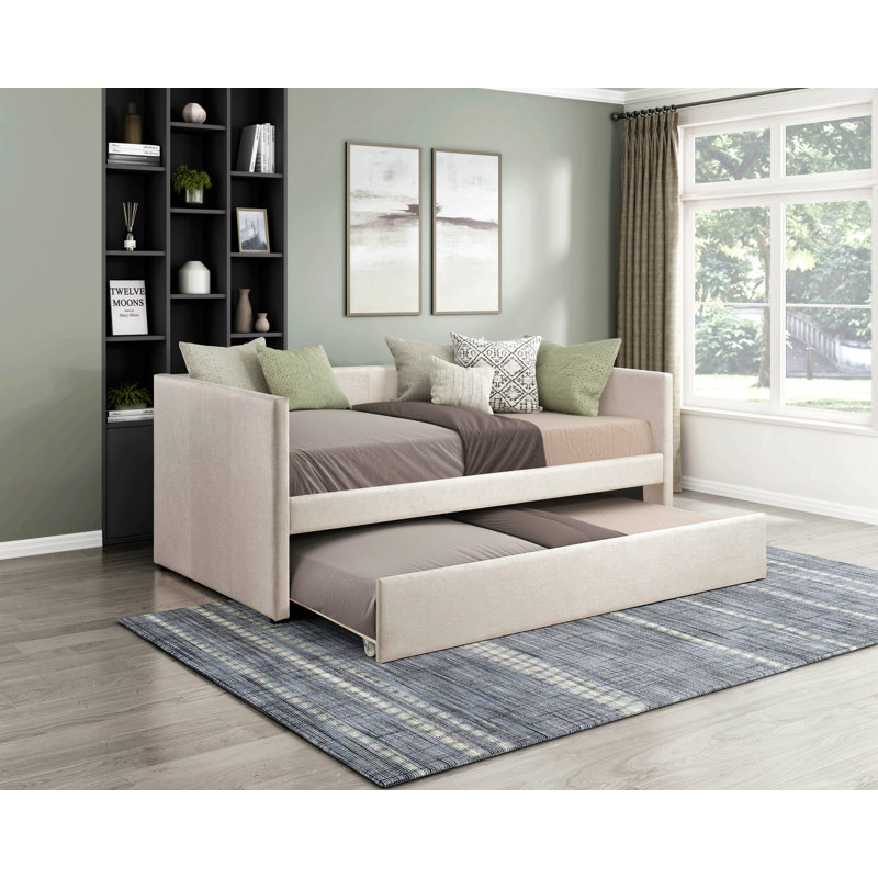 Lit de jour 1pc avec tissu d'ameublement en bois et tissu d'ameublement moderne, Beige