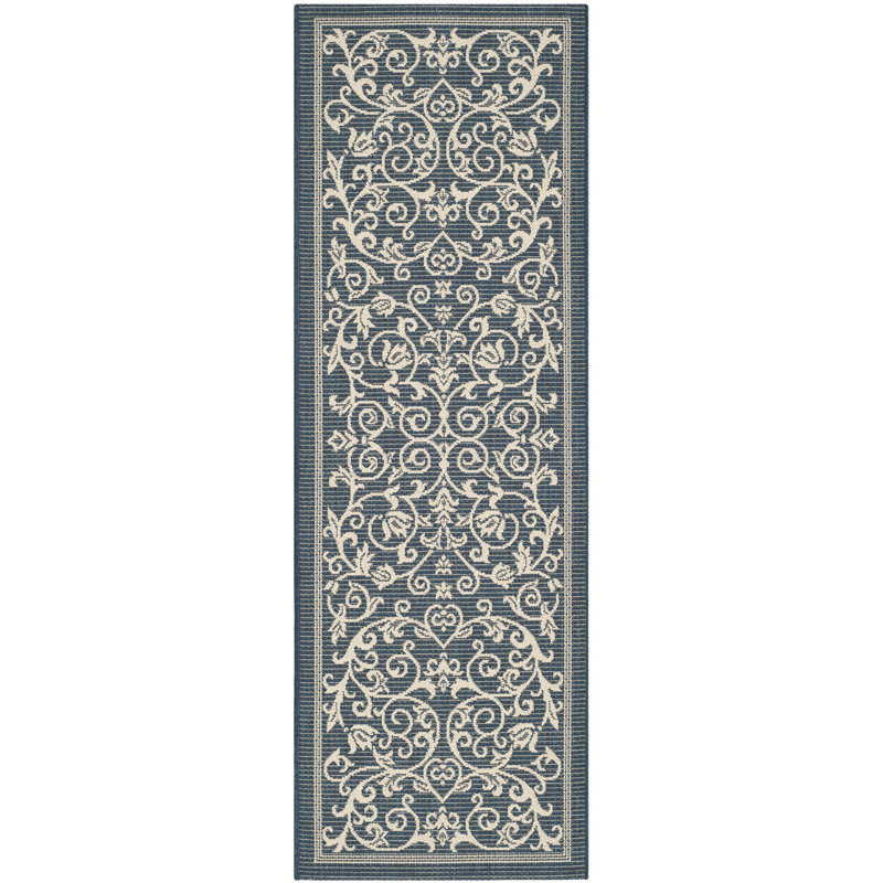 Tapis d'intérieur / extérieur bleu marine / beige Galena, Tapis de couloir 2 pi 3 po x 10 pi