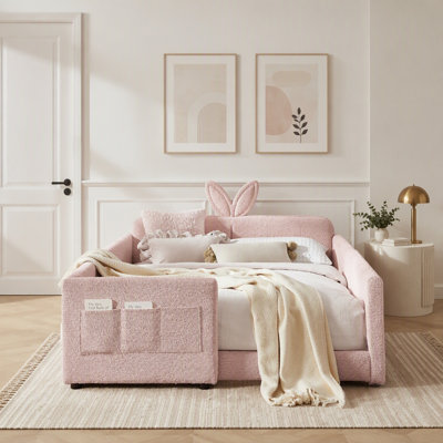 Boucle Fabric Upholstered Platform Bed with Pocket Storage