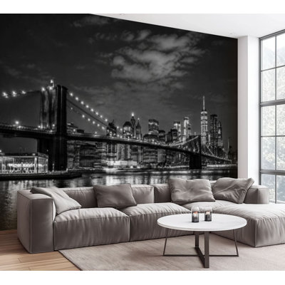 Wall Mural Peel and Stick Wallpaper Brooklyn Bridge skyline night lake building Bay Water Self-Adhesive Removable Contact Paper Wall Decor for Living Room Bedroom 100"H x 144"W