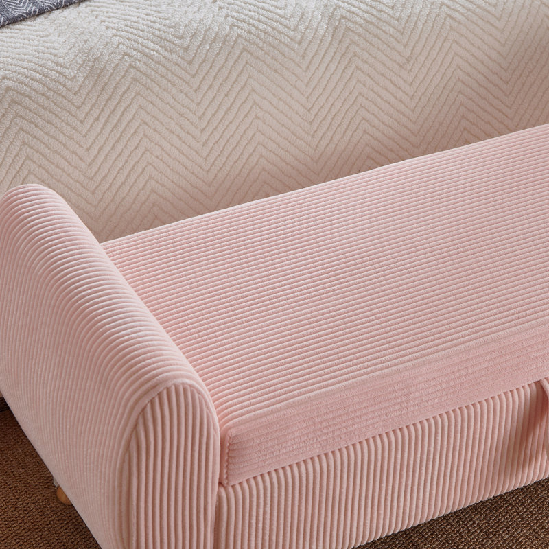 Banc rembourré en velours côtelé de 57 po de conception moderne avec pieds de rangement en bois pour chambre à coucher, couloir rose