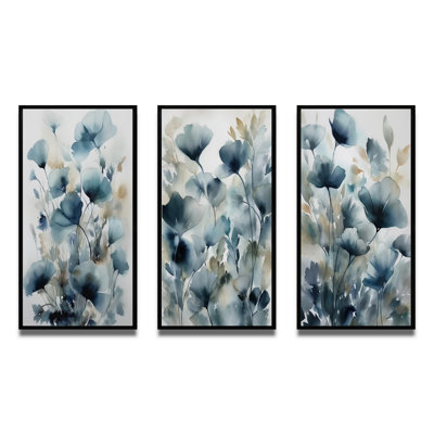 3 pièces sur toile - Feuillage bleu et fleurs