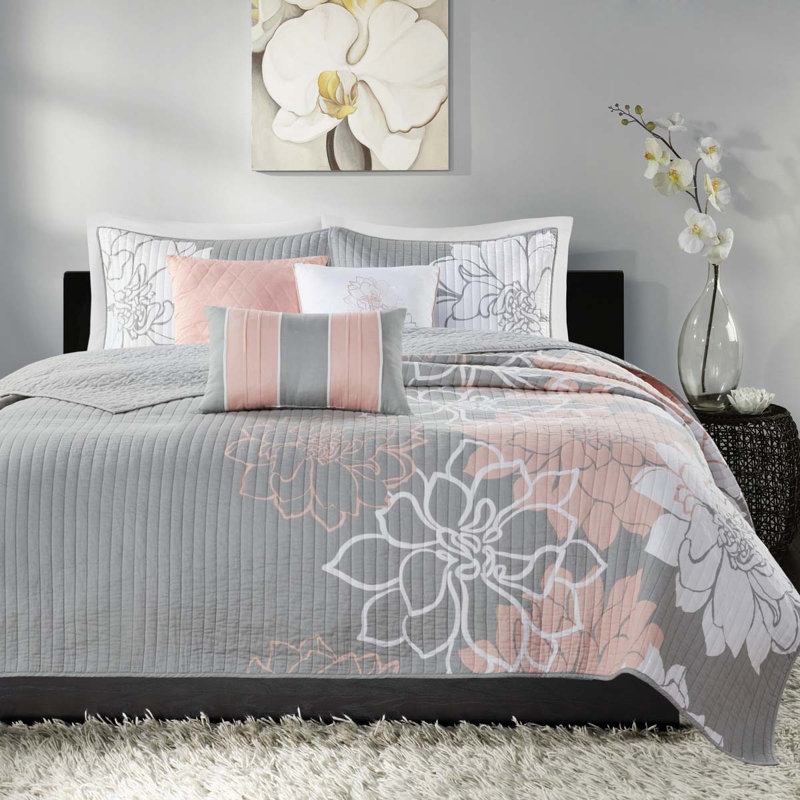 Ensemble de courtepointe en coton imprimé 6 pièces avec coussins décoratifs gris / pêche