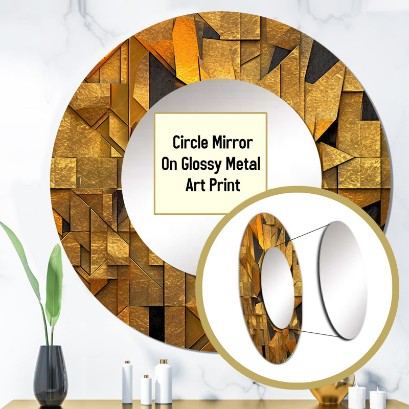 Gold Black Fractal Tide VI - Fractals Decorative Wall Mirror, Gold Large Mirror, Printed Metal Art, 36" x 36", Round