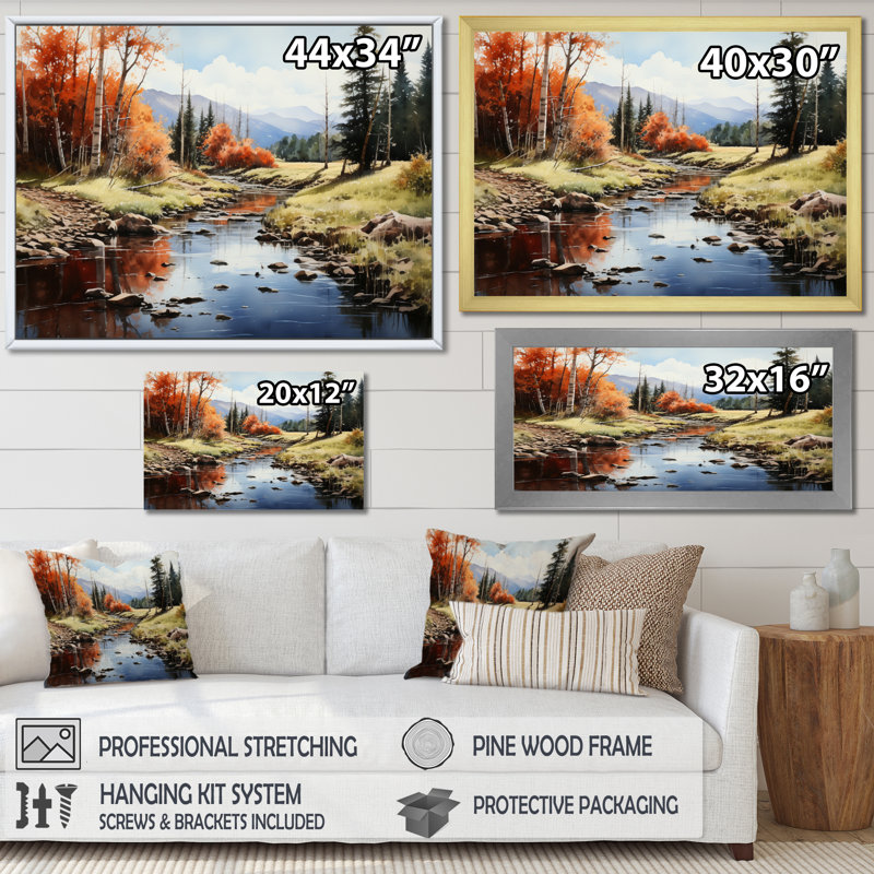 Bhanmati Green Orange Mountains Majestic Reflections, reproduction d'art sur toile, Cadre simple argenté