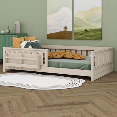 Floor Bed with Storage Shelves & Guardrails, Wood Montessori Floor Bed with Slats & Bookshelf, Low Profile Platform Bed Frame